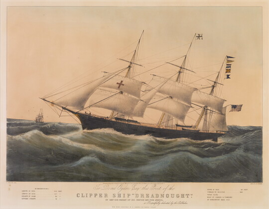 A color print of a ship with many large, white sails on a rough ocean with text outlining details of the vessel below it.