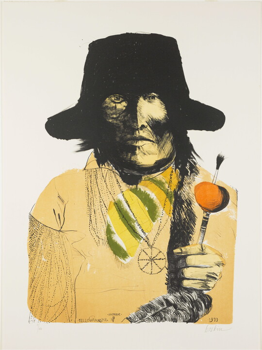 A drawing-like color print of the bust of an American Indian man in contemporary clothing holding a paintbrush in his hand.