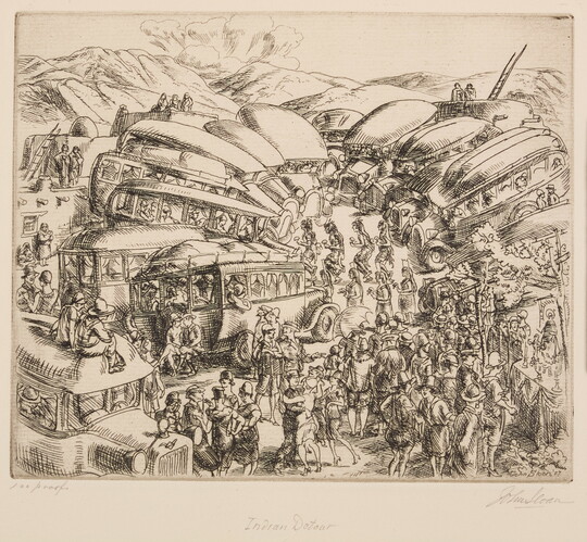 A black-and-white print of a circle of overcrowded buses parked in front of an adobe pueblo and crowds of people encircling Native American figures who appear to be dancing.
