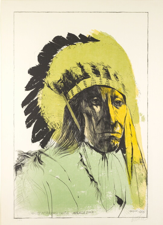 A color print of an Indigenous man wearing a feathered headdress with green and yellow swaths of color.