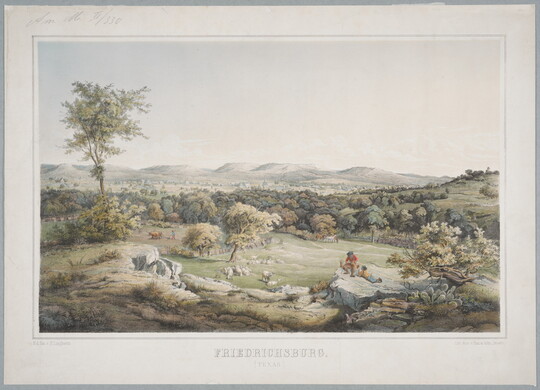 A color print of a landscape of green trees, hills, and pastures with two people resting on a rock in the foreground.