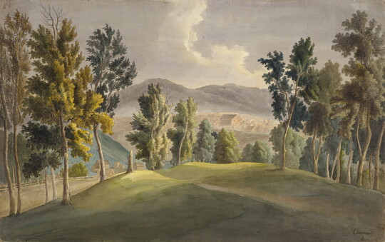 A watercolor of a tree-covered, green hill with a city in the valley in the distance.