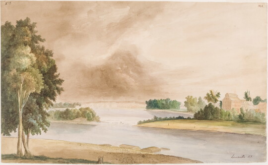 A watercolor of a wide river with trees along both sides and buildings on the opposite shore.
