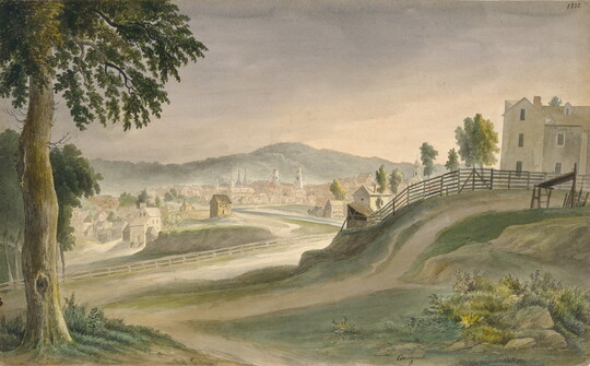A watercolor of a city from the top of a hill next to a farmhouse.