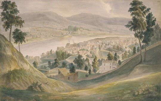 A watercolor of a city and wide river seen from the top of a green hill.