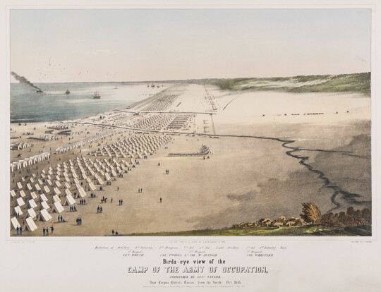 A color print of a military camp, consisting of many rows of white A-frame tents, on a beach with a body of water in the background.