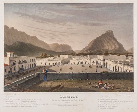 A color print of a city square surrounded by white Spanish-style buildings and mountains in the background.