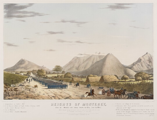 A color print of a group of soldiers marching on a dirt road past several structures with thatched roofs; tall mountains in the background.