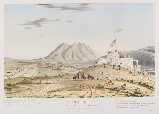A color print of a group of men, some on horseback, on a grassy hill in front of a white, castle-like building flying an American flag.