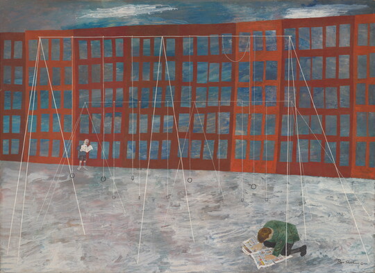 A painting of two children reading comics on a playground outside of an apartment building.