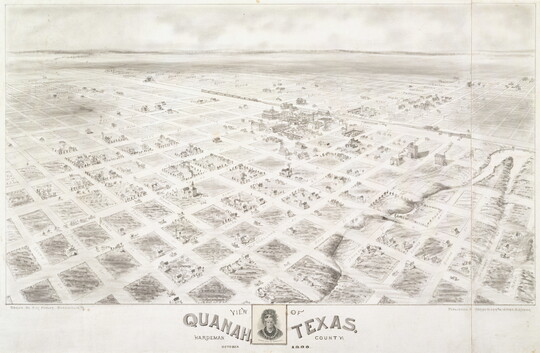 A pencil and ink drawing of a bird's eye view of a town, showing its grid of streets and a railroad in the distance.