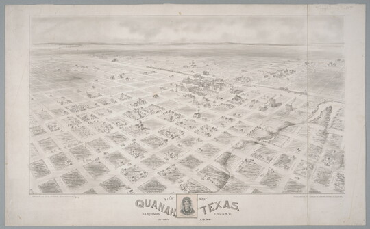 A pencil and ink drawing of a bird's eye view of a town, showing its grid of streets and a railroad in the distance.