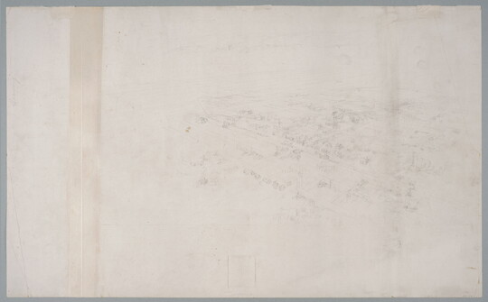 A faint pencil sketch of a bird's eye view of a town showing its grid of streets.