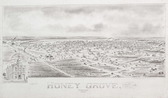 A black-and-white drawing of a bird's-eye view of a town, with a detail of city hall at lower left.