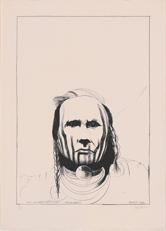 A black-and-white drawing of the bust of an American Indian man with a painted face looking directly at the viewer.