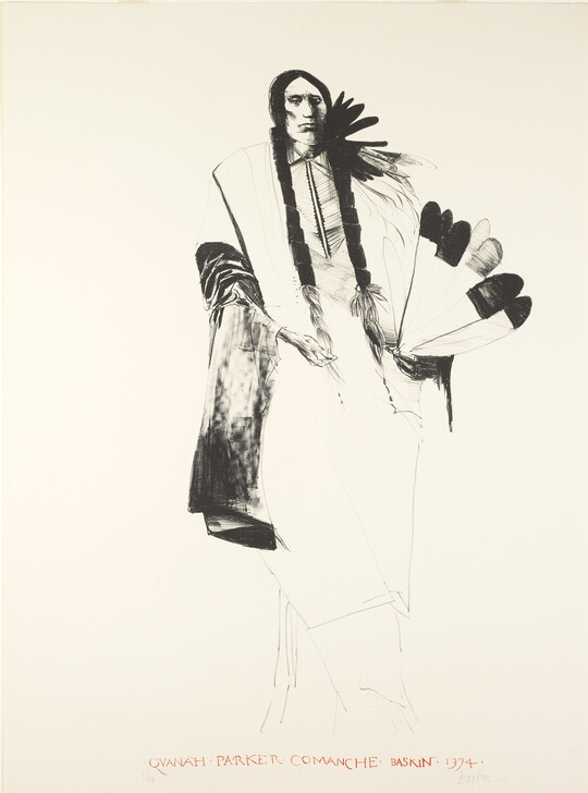A black-and-white portrait print of an Indigenous person with long braids, holding feathers, a blanket around their shoulders.
