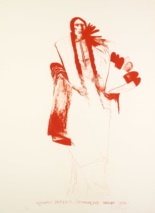 A color portrait print in red of an Indigenous person with long braids, holding feathers, a blanket around their shoulders.