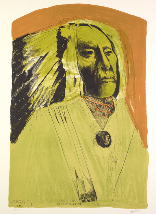 A color portrait print in yellows, oranges, and black of an older Native American in regalia including feathered headdress.