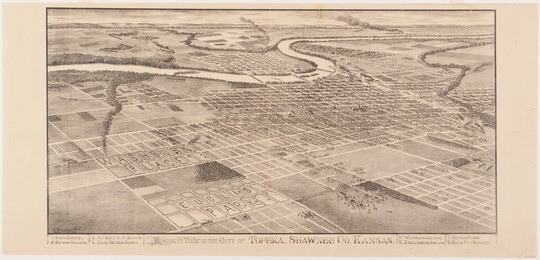 A black-and-white print of a bird's eye view of a city, showing its grid of streets, on the banks of a winding river and trains traveling in the distance.