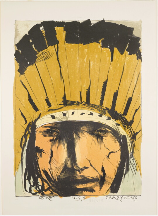 A black, white, and yellow drawing of a close-up of an American Indian face wearing a feather headdress.