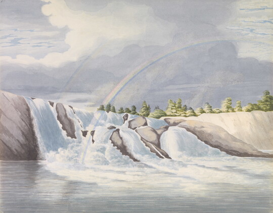 A watercolor of rushing water tumbling over rocky cliffs beneath double rainbows in a cloudy sky.