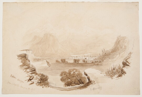 A brown ink drawing of a town nestled between tall mountains.