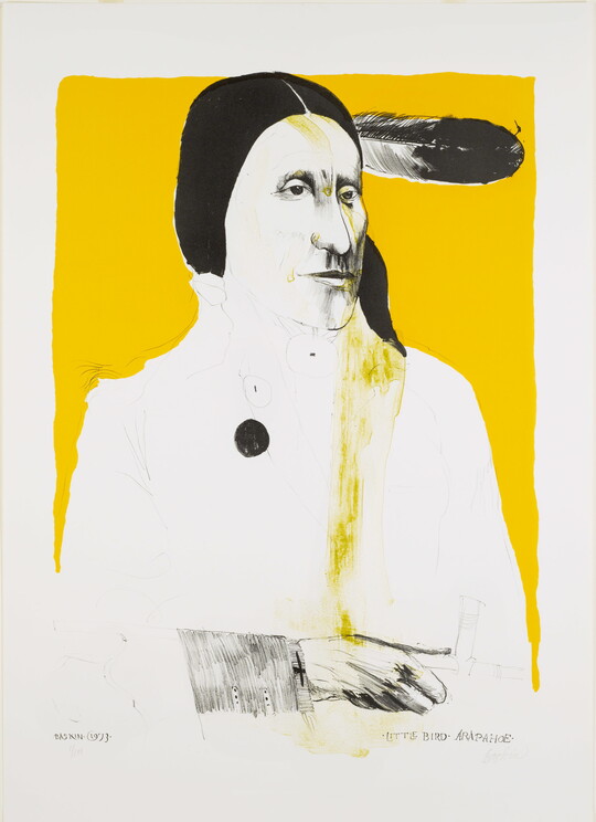 A color portrait print of an Indigenous person with a feather sideways in their hair, arms crossed in front of them, against a yellow background.