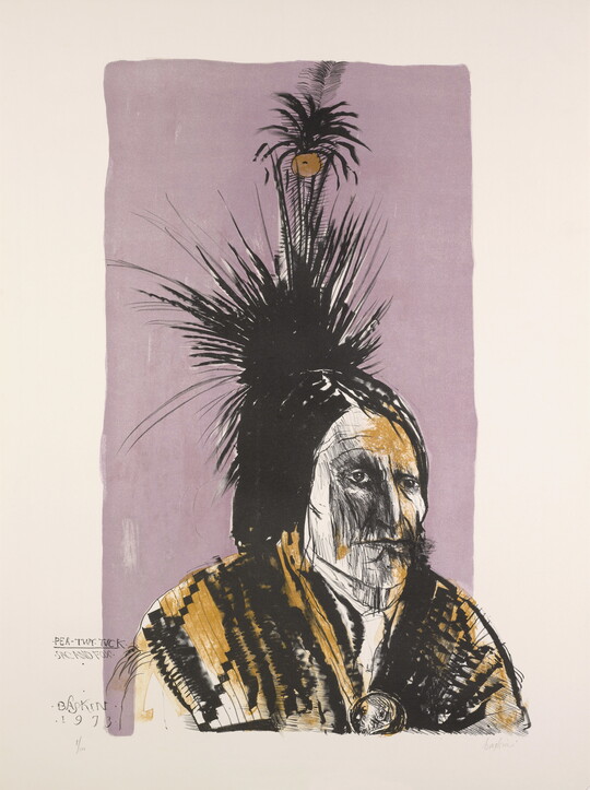 An abstract color print of a Native American man wearing a patterned shawl and tall feathers on his head.