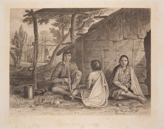 A black-and-white drawing of three Native American figures, one holding a ceremonial pipe, seated outside of a plank dwelling.