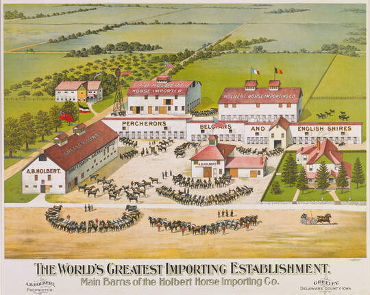 A color print of a bird's eye view of horses and trainers gathered outside of a barn complex with "The World's Greatest Importing Establishment" written under the scene.