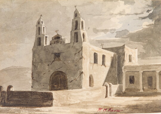 A mixed-media watercolor in earthtones of the exterior of an adobe mission church.