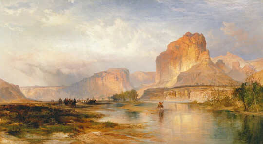 An oil painting of a majestic view of reddish cliffs and people on horseback crossing a river.
