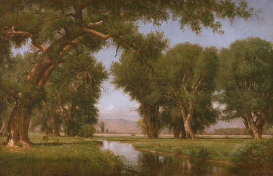 An oil painting of a calm river surrounded by large, leafy trees on a grassy plain with mountains in the distance.