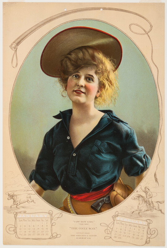 A color print calendar page of a White cowgirl, hair piled high under a hat, wearing an open-necked blue blouse and a gun in her belt.