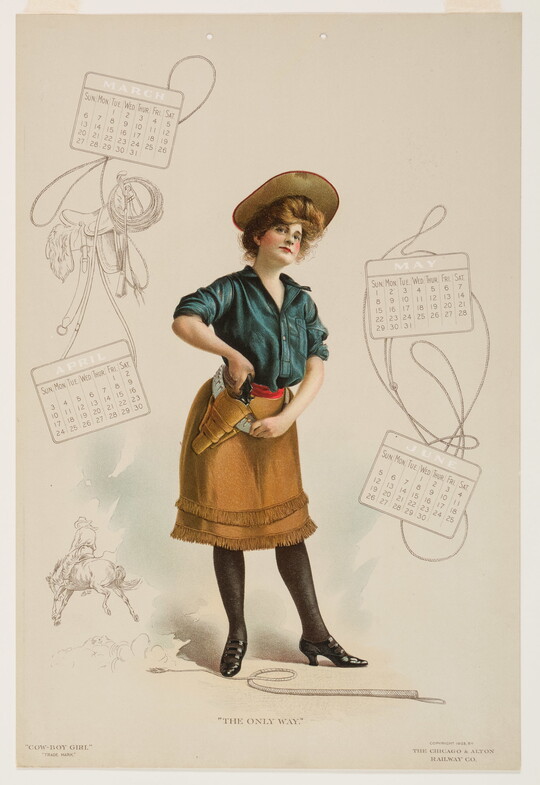A color print calendar page of a standing White cowgirl, hair piled high under a hat, wearing an open-necked blue blouse pulling a gun from her belt over her fringed skirt.