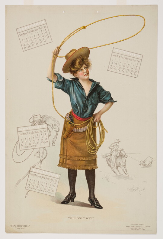 A color print calendar page of a standing White cowgirl, hair piled high under a hat, wearing an open-necked blue blouse and a fringed skirt, spinning a lasso above her head.