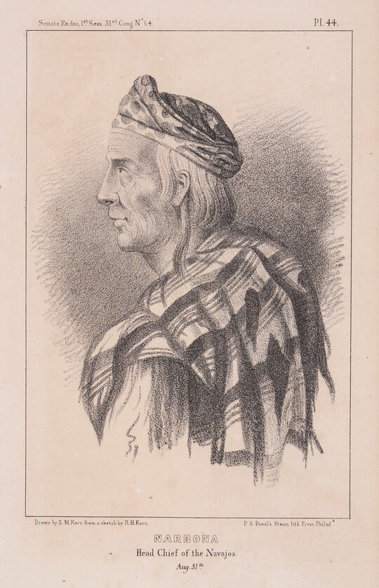 A black-and-white print of an Indigenous man in profile wearing a cloth shawl and head wrap.