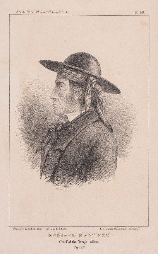 A black-and-white print of an Indigenous man in profile wearing a suit jacket and hat with a head wrap tied around his forehead.