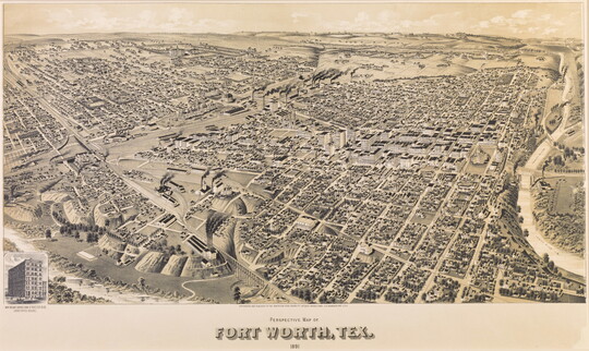 A sepia-toned print of an aerial view of Fort Worth, Texas, in the late 1800s.