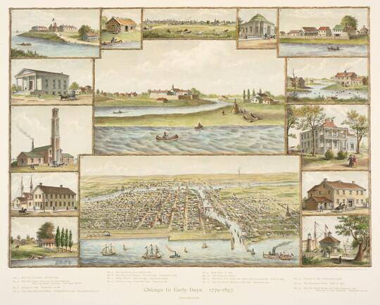 A color print of an aerial view of historic downtown Chicago framed by multiple scenes of houses, buildings, and countryside.