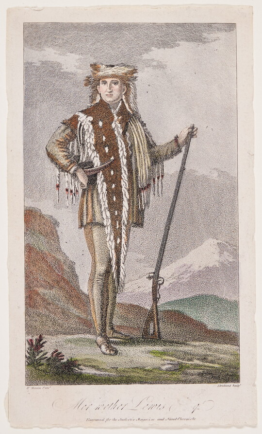 A color print of a portrait of Meriwether Lewis wearing deerskin clothing, a powder horn over his shoulder and posing with a rifle.