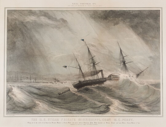 A color print of a ship listing to the side on stormy waters as a smaller boat full of people follows behind it.