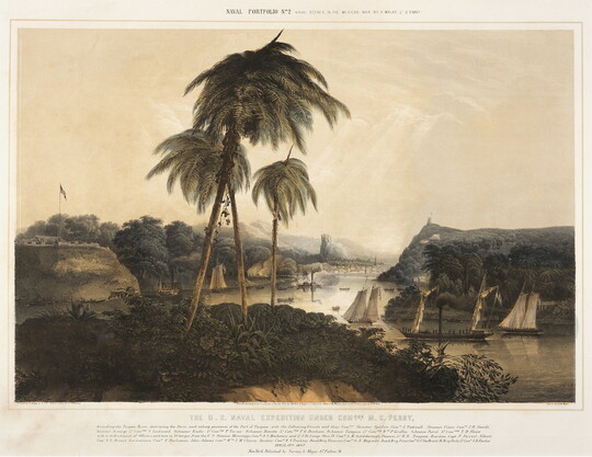 A color print of ships sailing a calm river, smoke in the distance, and tall palm trees in the foreground.