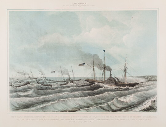 A color print of a fleet of ships moving through very choppy water.
