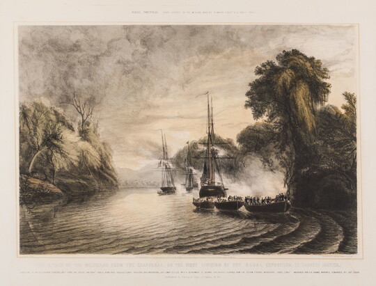 A color print of ships and boats full of soldiers on a river surrounded by palm trees.