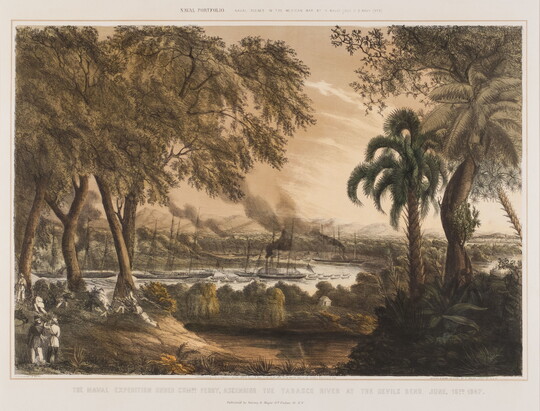 A color print of ships on a river surrounded by tall trees with soldiers in the foreground on the banks of the river.