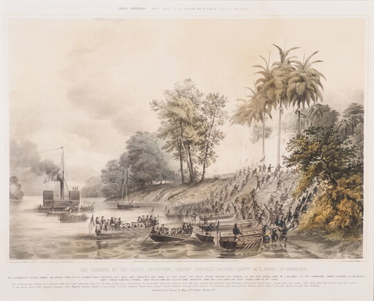 A color print of ships docked on the banks of a river with soldiers disembarking and running up the shore.