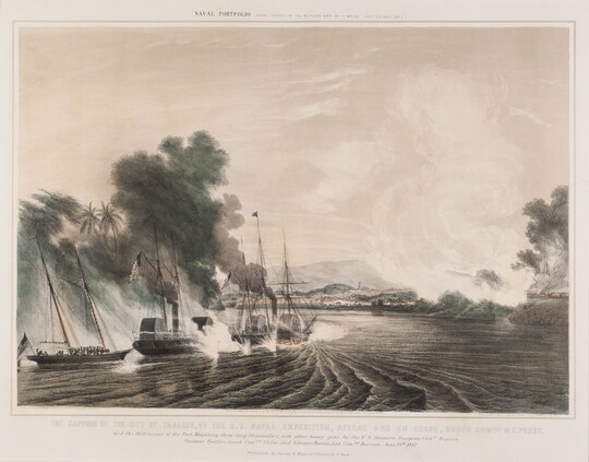A color print of ships on a river with steam billowing out of the boats and smoke rising from the shore.
