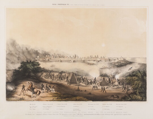 A color print of an attack on a walled city with soldiers and cavalry in the foreground.