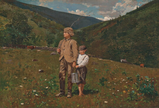 An oil painting of two young White boys walking through the field of a rural farm.